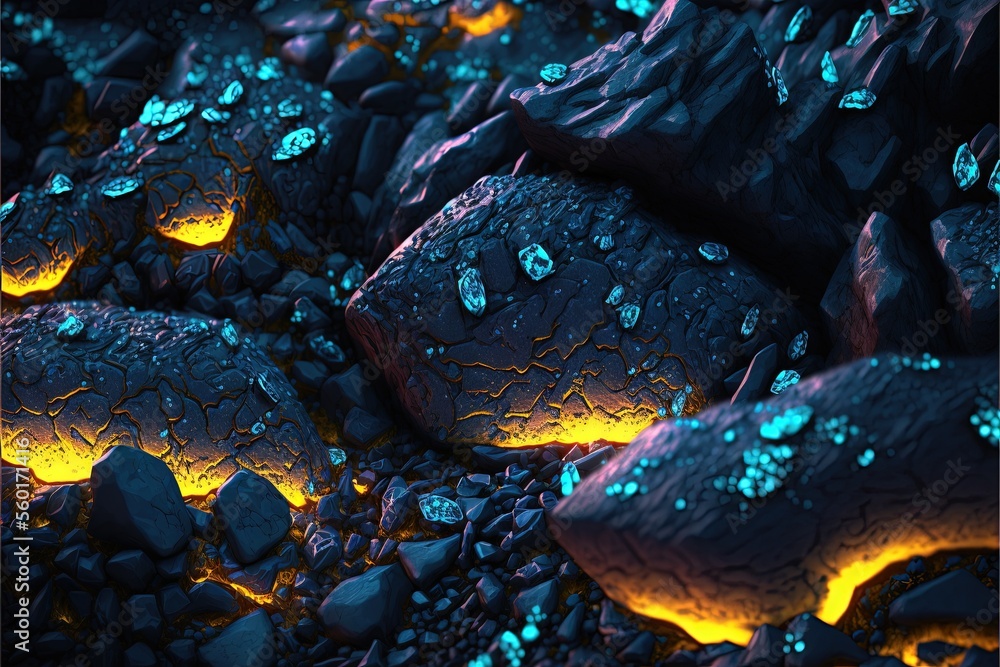 Aufkleber a bunch of rocks with yellow lights on them and some rocks on the ground with rocks on them and wate