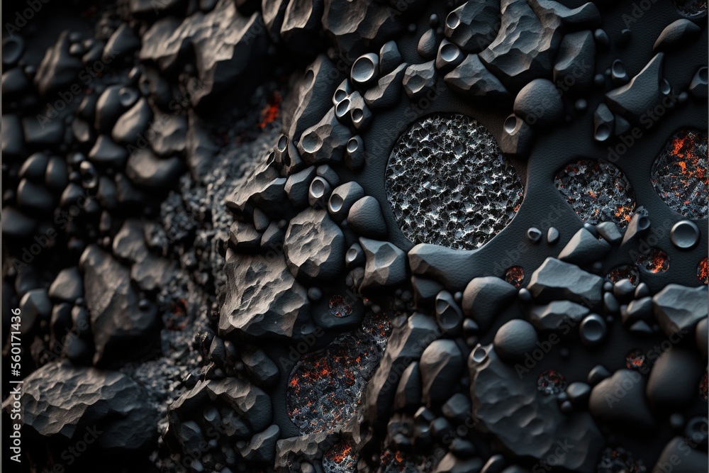 Poster a close up of a black and red substance with a black background and a white frame with a red dot in 