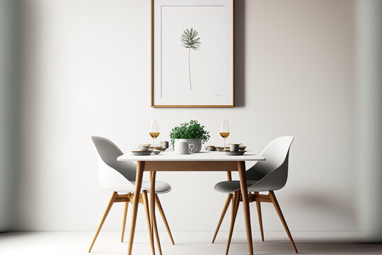 vintage and Scandinavian design template. mock up dining table and poster frame on a white backdrop. illustration. include the clipping path. Generative AI