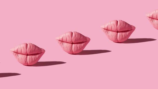 Moving pattern with pink lips with harsh shadows on a pink background. Creative motion with lips. High quality 4k footage