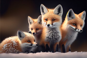 Obraz premium A small group of tiny and cute foxes in the snow. AI generated art illustration. 