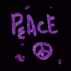 Peace. Bright color doodle typographic inscription in grunge style on black background. Illustrated text for poster, print, , advertising banner, t-shirt design.