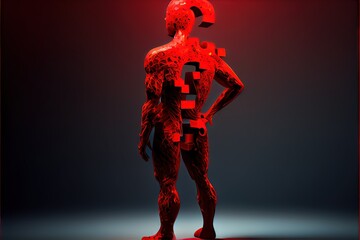 3d human with a red question mark. AI generated art illustration.	
