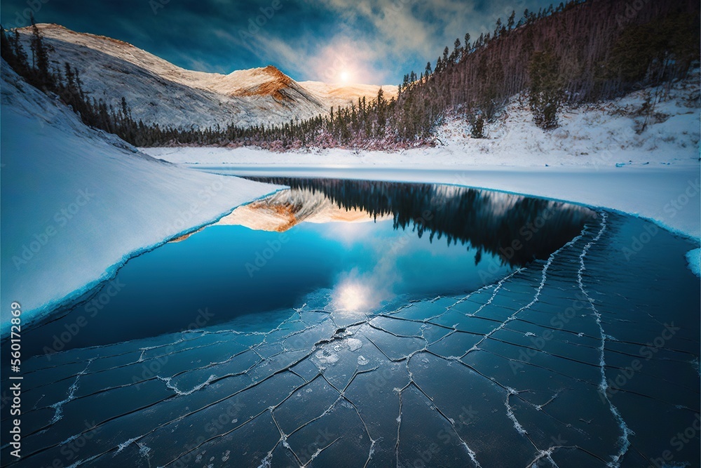 Poster a lake surrounded by snow and trees with a sun setting in the background and a mountain in the dista