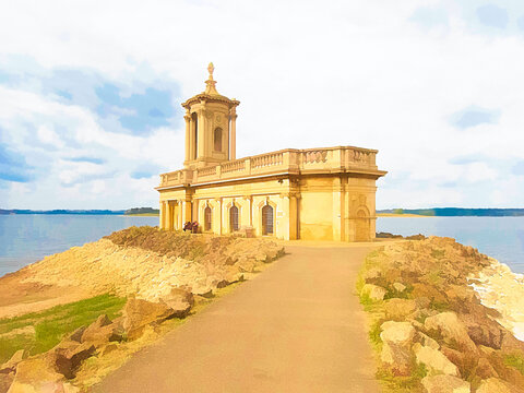 Rutland water church with water and blue sky, no people