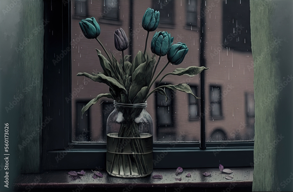 Poster a painting of a vase with flowers in it on a window sill with a building in the background and rain 