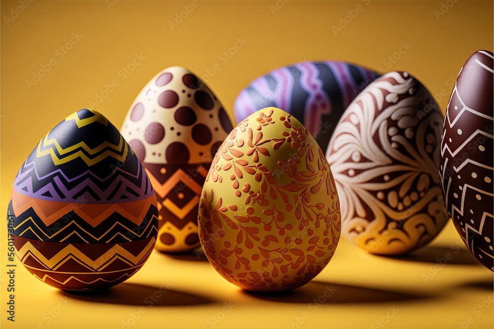 Poster a group of painted eggs sitting on top of a yellow tablecloth covered table top next to each other o