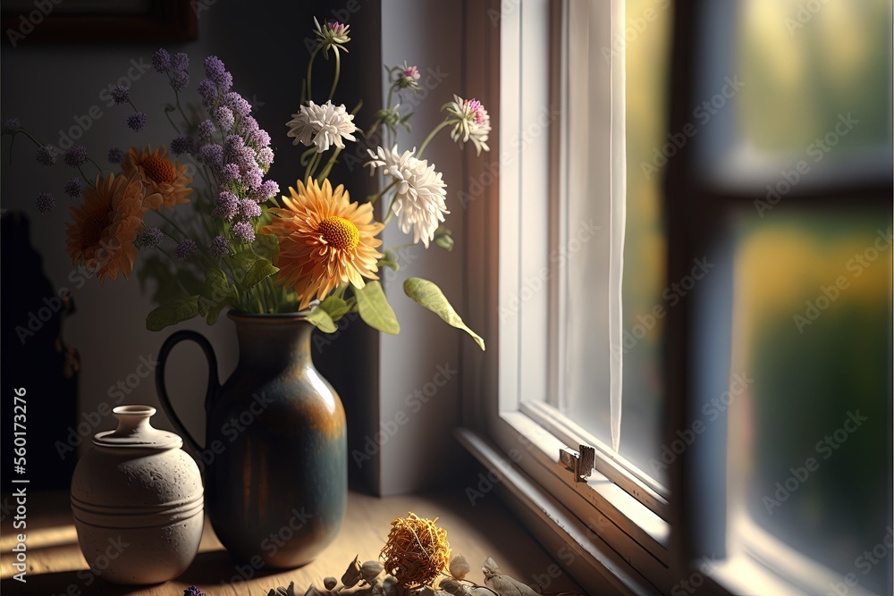 Poster a painting of a vase of flowers on a window sill next to a window sill with a flower arrangement in 