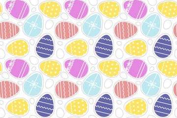 Bright seamless pattern of multicolored Easter eggs. Background for banners, textiles, paper. Suitable for children's clothing, wallpaper, wrappers. Festive decoration, Easter. Vector illustration 