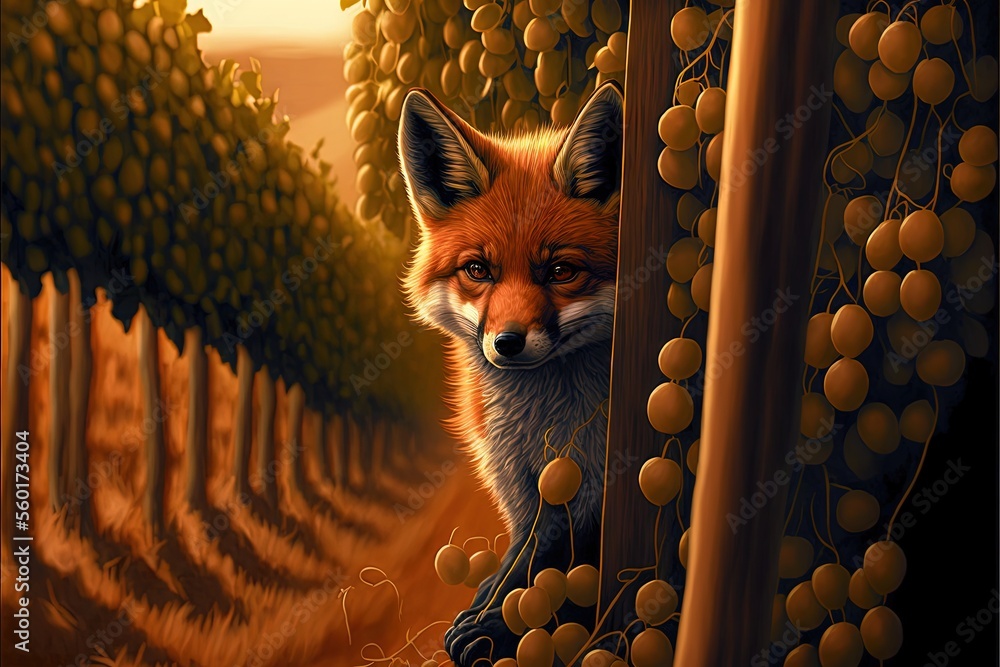 Poster a fox is peeking out from behind a tree with berries on it's branches and a path leading to a row of
