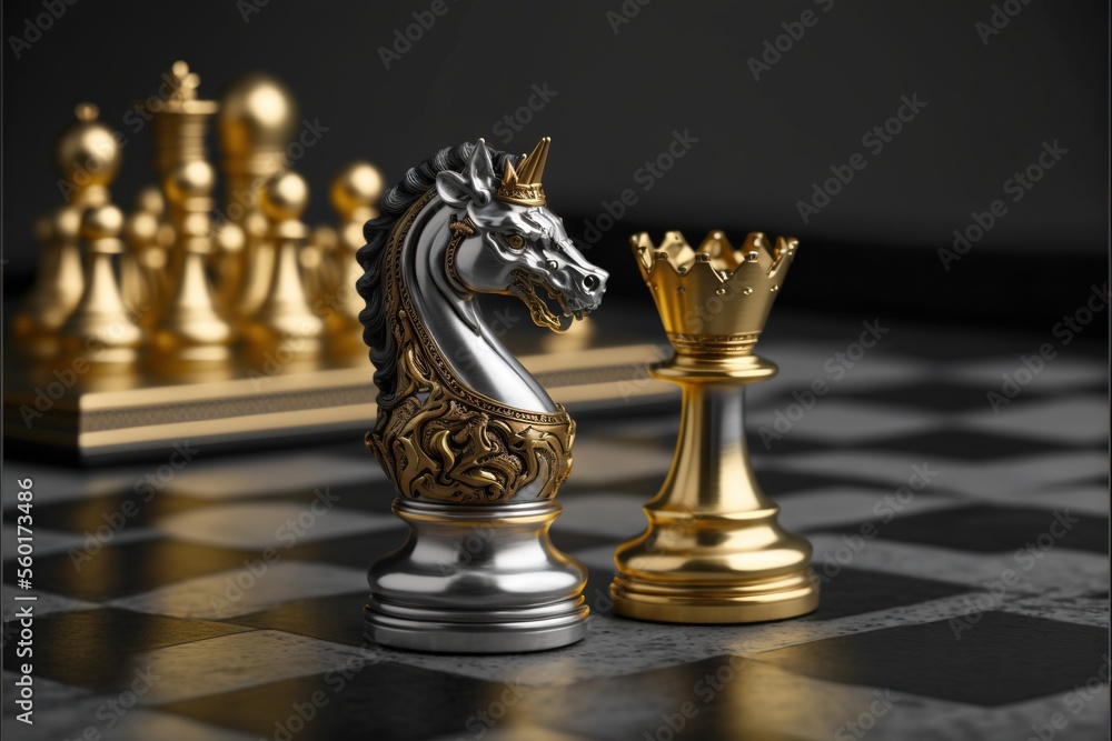 Poster a golden and silver chess set on a black and white checkered floor with a golden crown on top of it 
