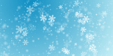 Naklejka na ściany i meble Subtle falling snowflakes wallpaper. Snowfall speck crystallic particles. Snowfall sky white teal blue backdrop. Fuzzy snowflakes christmas vector. Snow nature scenery.