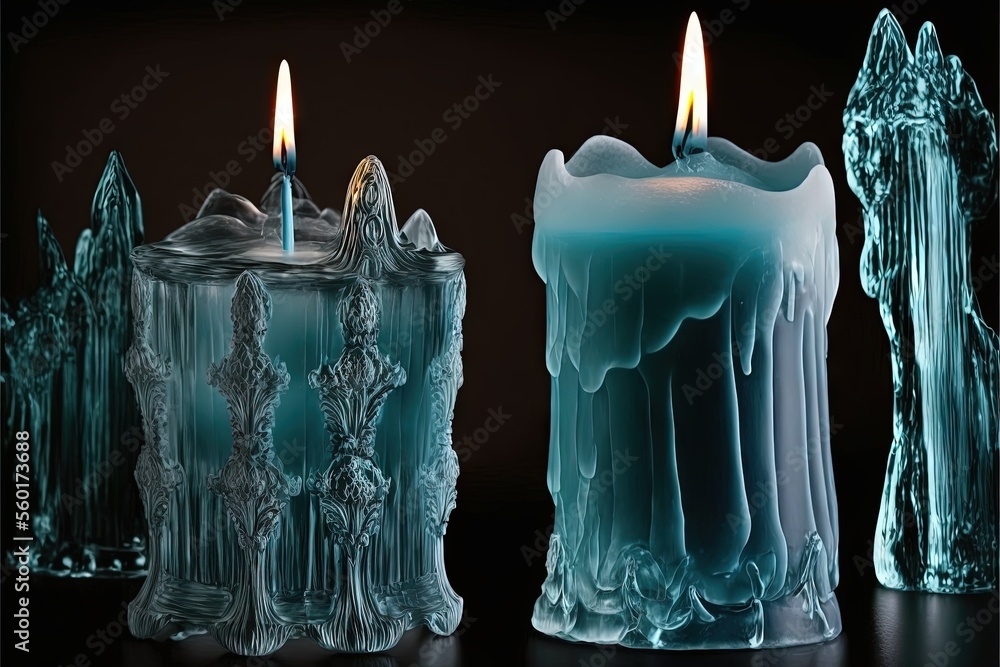 Poster a candle that is lit up in the dark with a black background and a blue candle that is melting in the