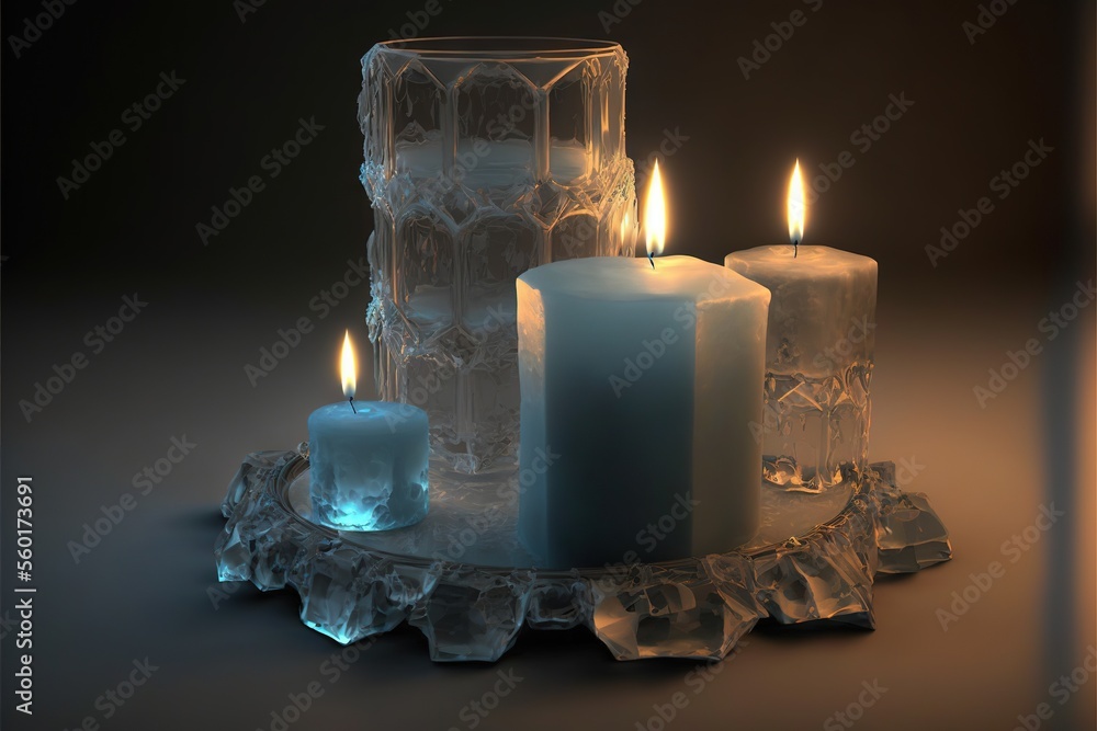 Aufkleber a candle is lit on a glass stand with ice cubes around it and a candle holder with three candles on 