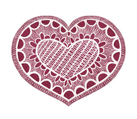 Digital illustration of a Valentines day handmade heart. Stylized decorative hand-drawn clipart in a watercolor style. A heart knitted or woven from white thin threads or lace on a burgundy background