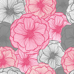 Fototapeta na wymiar Poppy flower doodle floral vector seamless pattern summer fabric print design. Line texture petals