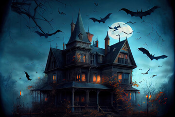Fototapeta na wymiar Colourful Scary Halloween House Generative AI Illustration