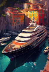 Fototapeta na wymiar A large luxury yacht, docked in front colorful coastal town. AI generated art illustration.