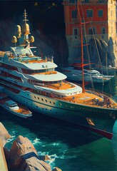 Obraz premium A large luxury yacht, docked in front colorful coastal town. AI generated art illustration.