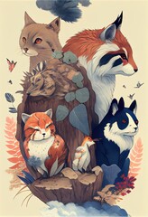 A group of animals that are on top of each other. AI generated art illustration.