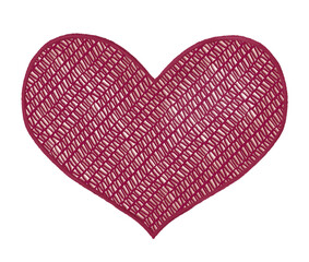 Digital illustration of a Valentines day handmade heart. Stylized decorative hand-drawn clipart in a watercolor style. Heart knitted or woven from red thin threads or lace on a light background. 
