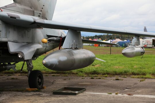 OSTRAVA, CZECHIA - SEPTEMBER 17, 2022: Underwing fuel tank Panavia Tornado 4th generation multirole combat aircraft of German Air Force presented on NATO Days air show in Czech Republic.