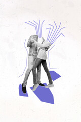 Vertical collage image of two black white effect headless people hug dancing isolated on drawing...
