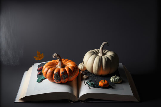 An open picture book is shown in a book mockup with pumpkins on a dark backdrop. Generative AI