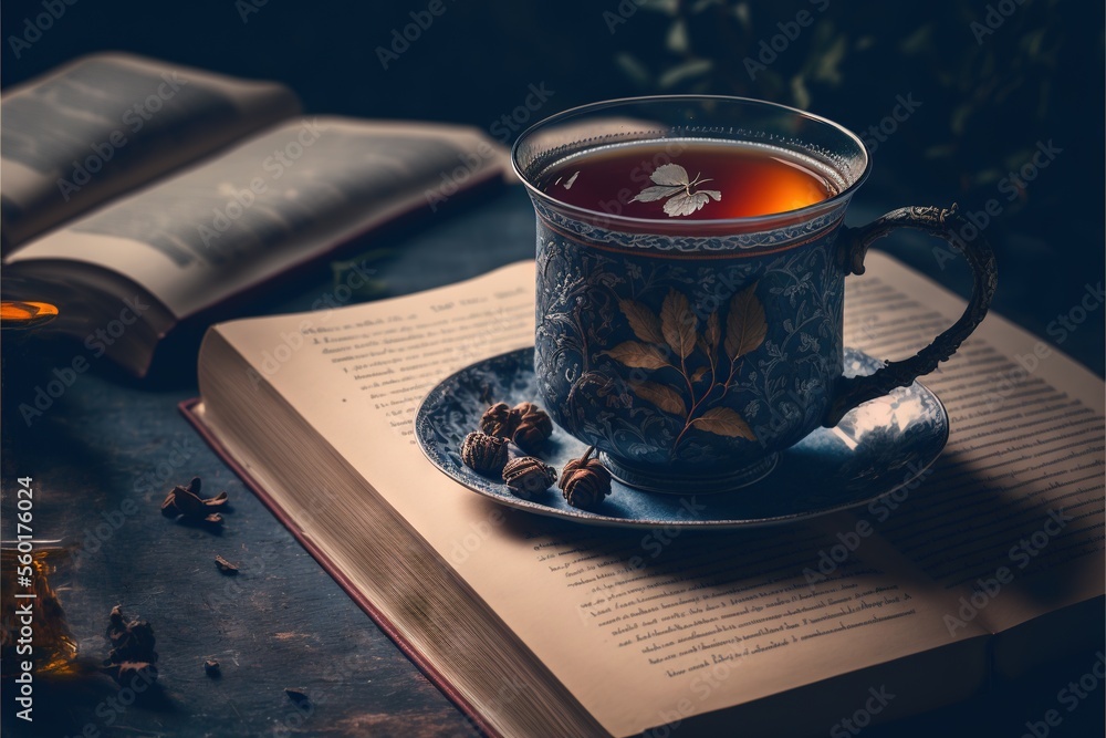 Aufkleber a cup of tea on a saucer on a book with a candle and a bookmark on the table next to it, with a book