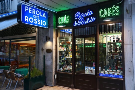 LISBON, PORTUGAL - JUNE 5, 2018: Perola Do Rossio cafe and tea specialist store in Lisbon. Lisbon is the 11th-most populous urban area in the EU (2.8 million people).