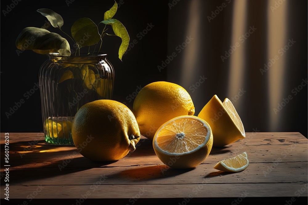 Aufkleber a still life of lemons and a glass of lemonade on a table with a vase of lemons and a slice of lemon