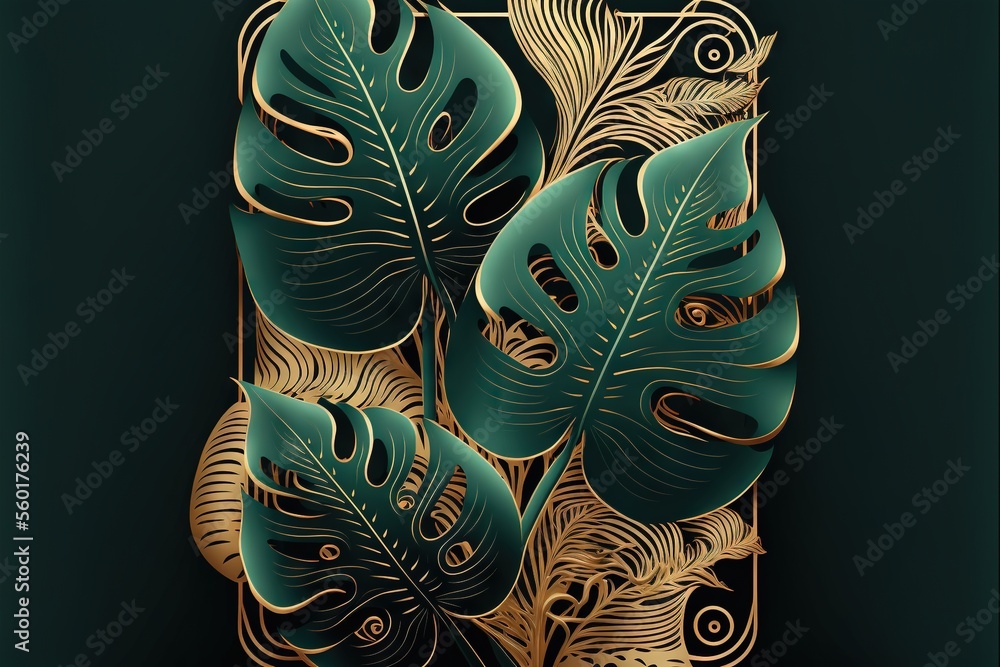Poster a green and gold background with a bunch of leaves on it and a gold frame on the bottom of the image