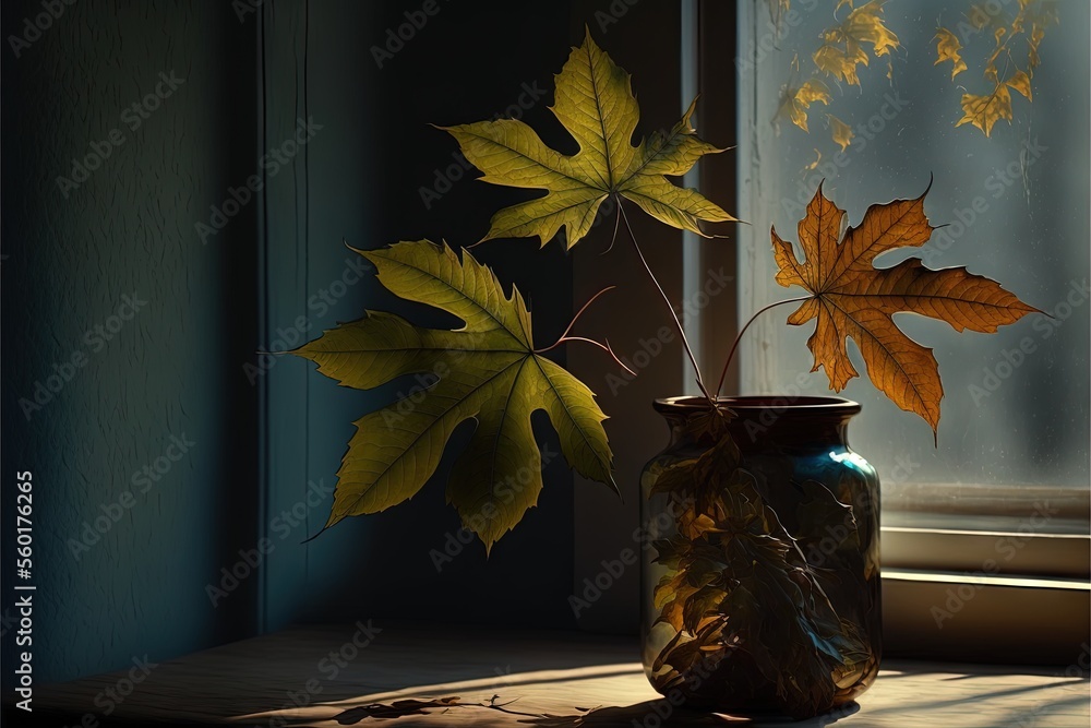 Poster a vase with a leaf in it sitting next to a window sill with a shadow cast on the glass and a window 