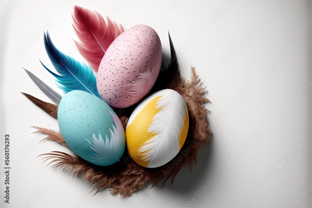 Poster a group of colorful eggs with feathers on a white surface with a white background and a brown feathe
