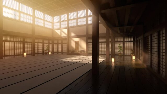 Traditional Japanese Karate Dojo. Slow camera panning. Empty 3D scene, climatic lighting with volumetrics. High quality 3D rendered footage in 4k 16bpc 3840x2160 resolution.