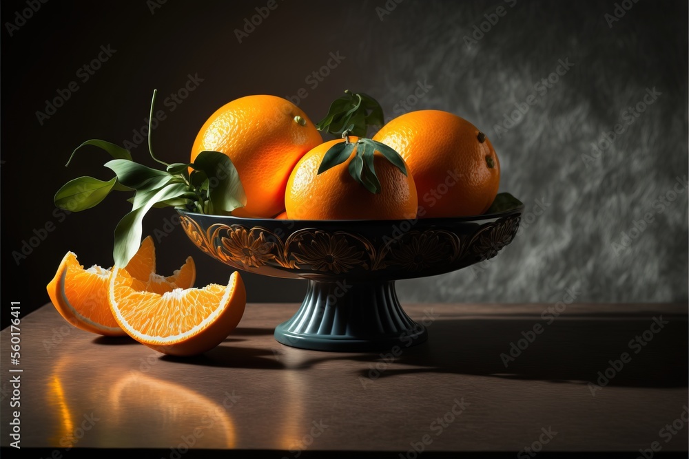Aufkleber a bowl of oranges with leaves on a table top with a dark background and a black background behind it