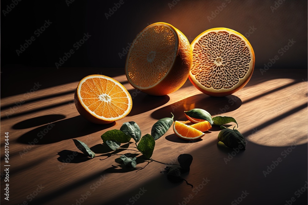Poster a group of oranges cut in half on a table with leaves and a shadow of a person's shadow on the floor
