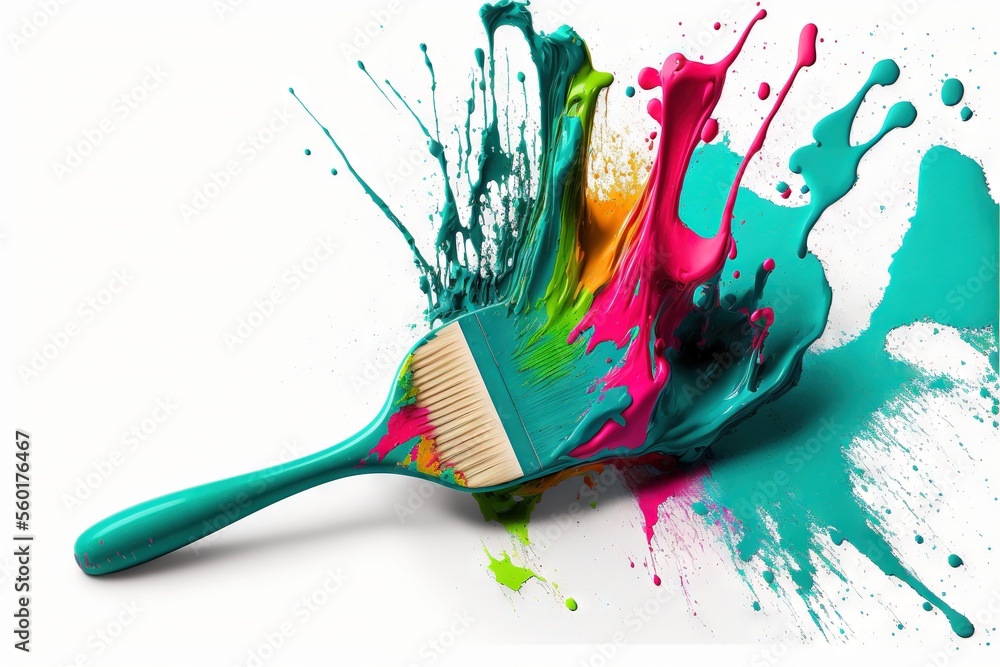 Poster a brush with colorful paint splashing on it's side and a white background with a white background an