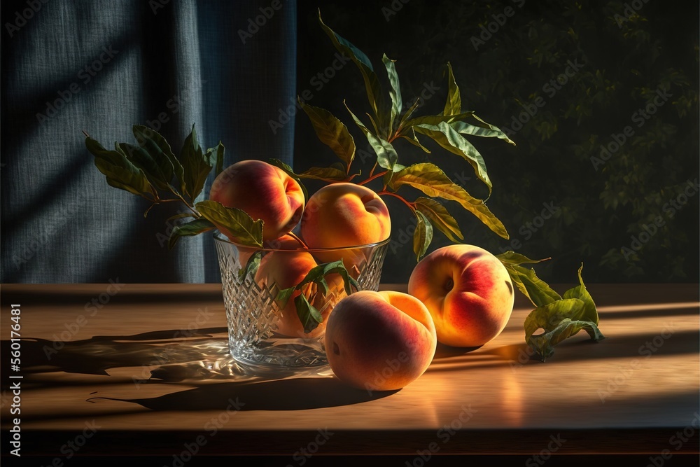 Poster a painting of peaches in a glass vase on a table with leaves and a curtain behind it, with a shadow 