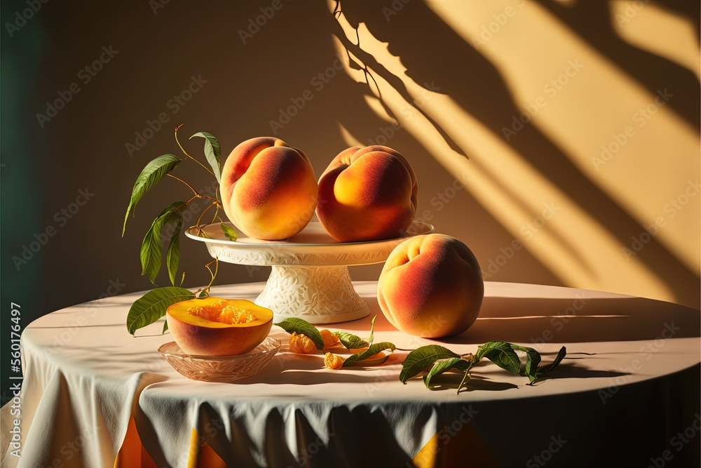 Poster a painting of peaches on a table with a vase of peaches on a table cloth with a shadow of a tree beh
