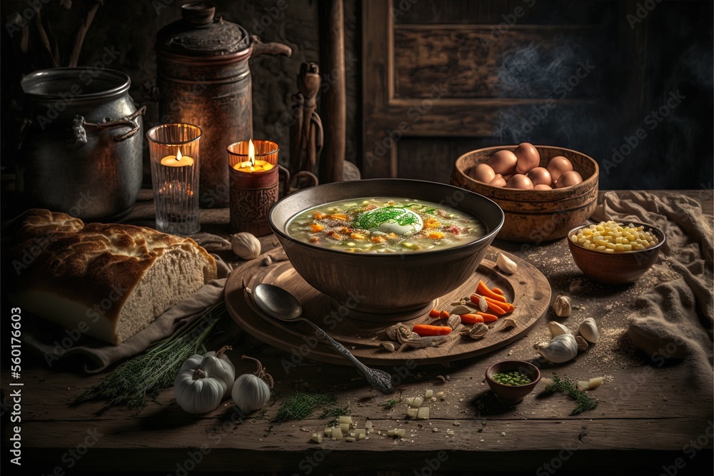 Poster a bowl of soup on a plate with a candle and other food items around it on a table with a candle and 