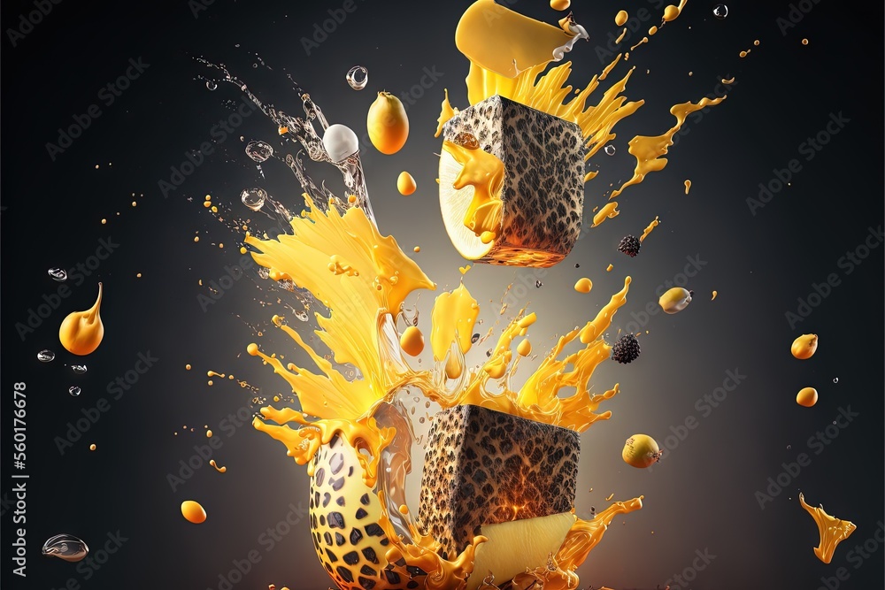 Poster a gift box is exploding into the air with orange and yellow bubbles around it and a black background