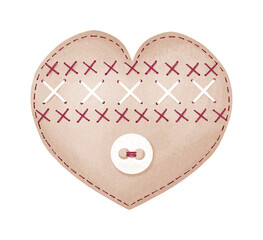 Digital illustration of a Valentines day handmade heart. Stylized decorative hand-drawn clipart in a watercolor style. Heart sewn from beige fabric, decorated with an embroidered pattern and a button.