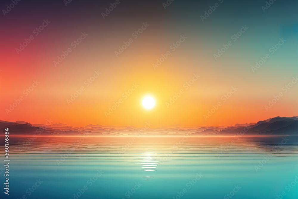 Poster Sunrise gradient mesh in an abstract aerial panorama above the water. only the sky and the ocean. Stunning landscape of calm. a based image. Generative AI