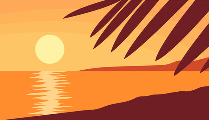 Fototapeta Beautiful orange sunset on the beach. Tropical palm. Sea and ocean. Paradise lagoon. Wild exotic landscape for background. Vacation and travel. Paradise lagoon. Vector illustration panorama obraz