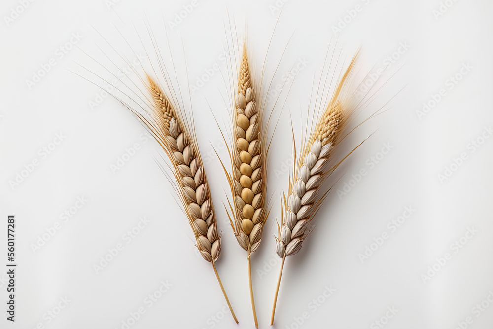 Poster a white backdrop with three individual wheat spikelets. wheats in top view. generative ai