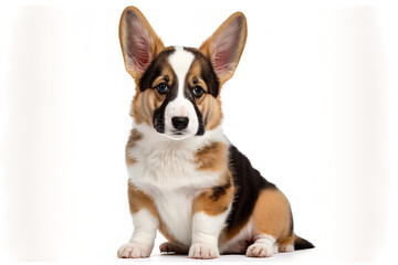 Naklejka na ściany i meble Welsh Corgi Cardigan is an adorable, fluffy puppy. white background with copy space and amusing animals. Generative AI