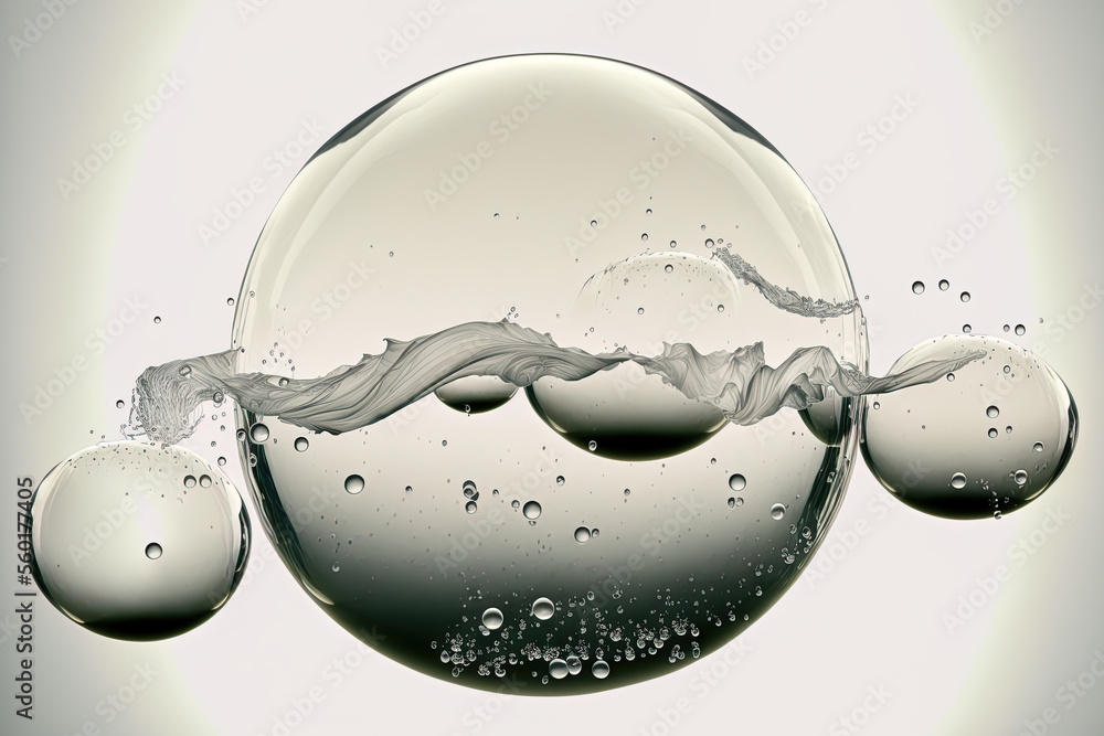 Poster white background with large, transparent water bubbles floating over it. generative ai