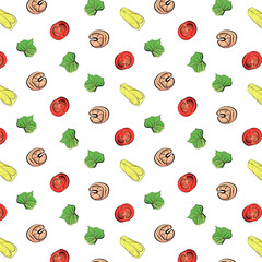 Pattern with vector shrimps, tomatoes, greens and lemon