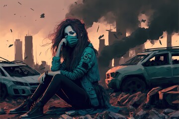 A girl is sitting in a car dump